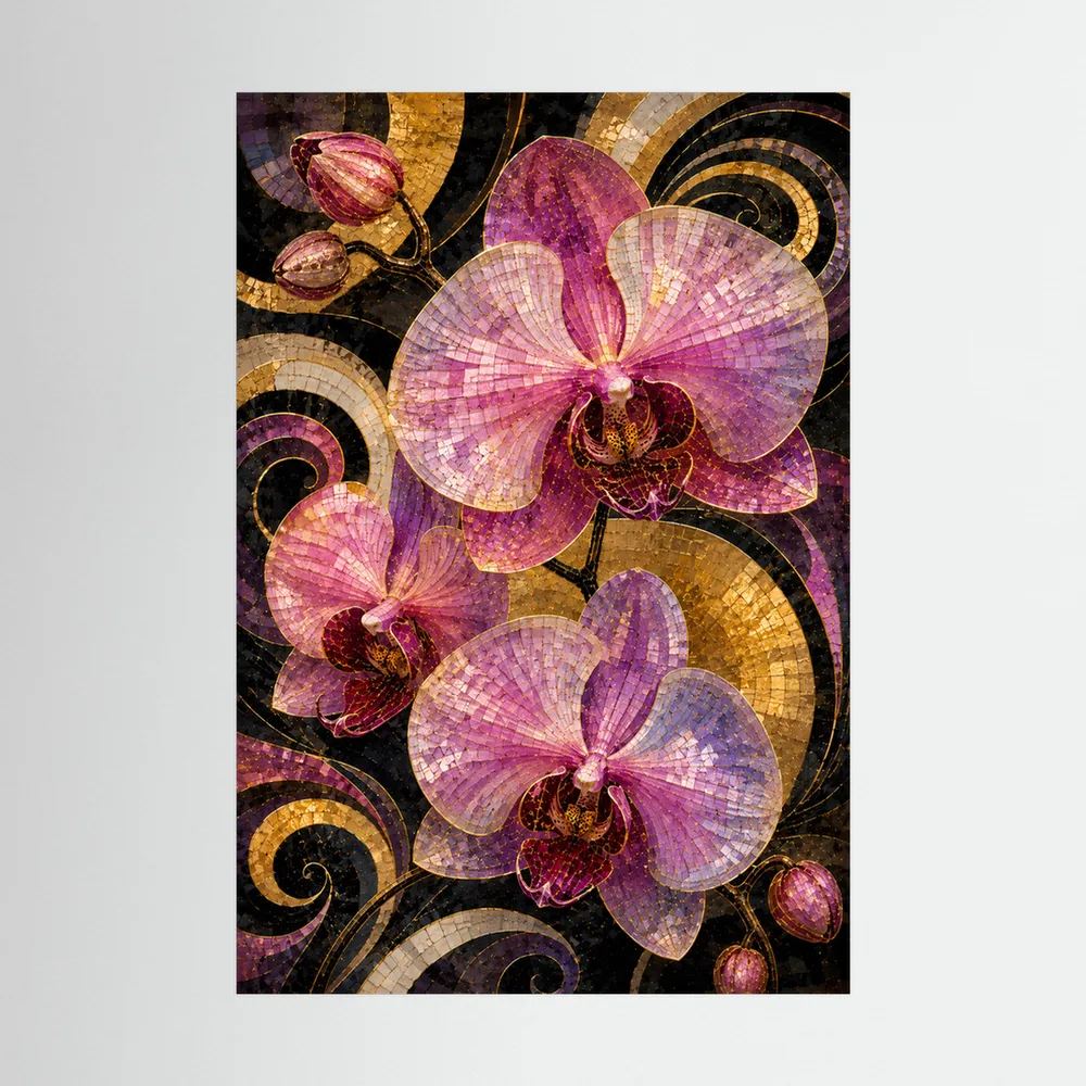 Nahansicht: Kunstposter mit rosa Orchideenblüten im Mosaikstil und goldenen Spiralen