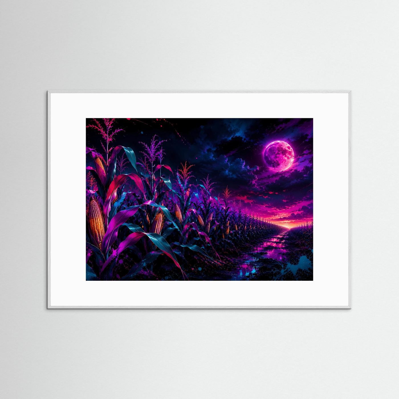 Neon-Maisfeld bei Vollmond | Mystische Fantasy-Landschaft in Pink, Lila & Blau