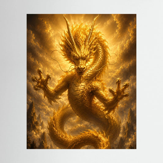Hochformat-Poster mit goldener chinesischer Drachenfigur im Flammenhintergrund