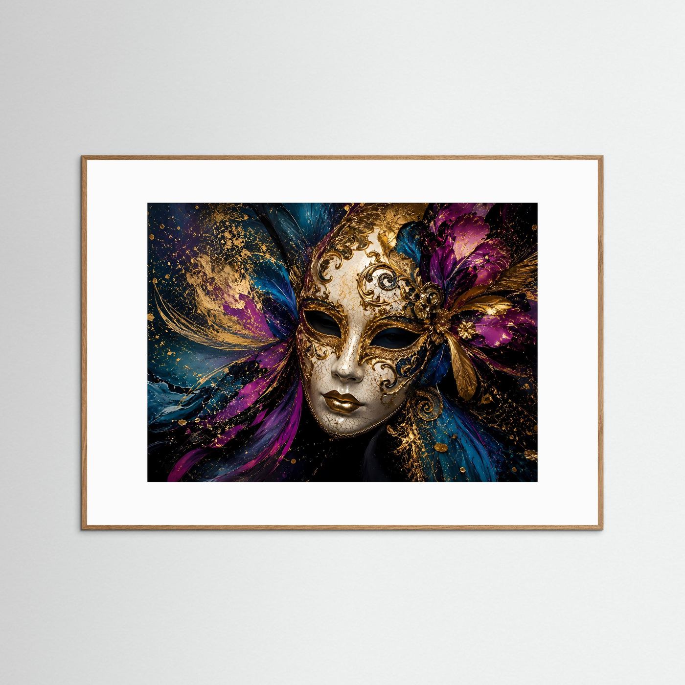 Prunkvolle Venezianische Maske in Gold, Violett & Blau | Maskenball & Kunst-Wandbild