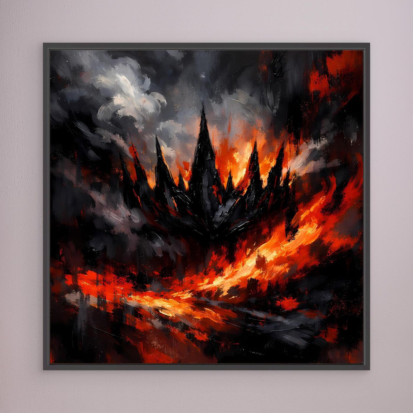 Abstraktes Fantasy-Wandbild: dunkle Festung mit Flammen, dunkelgrauer Rahmen