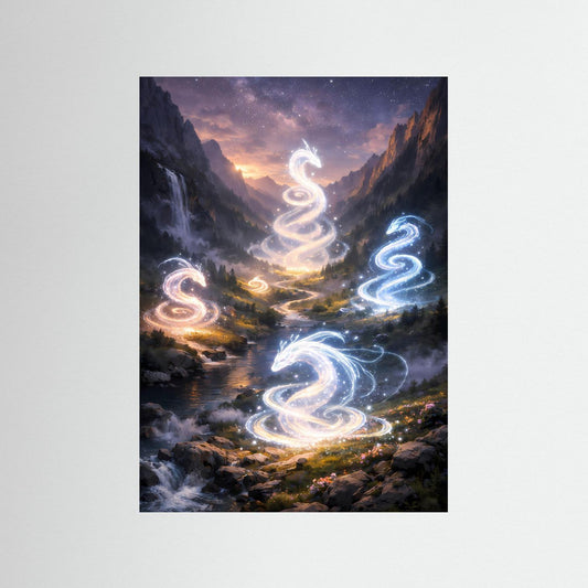 Fantasy-Wandposter mit leuchtenden Drachengeistern und Fluss-Tallandschaft, hochformatig