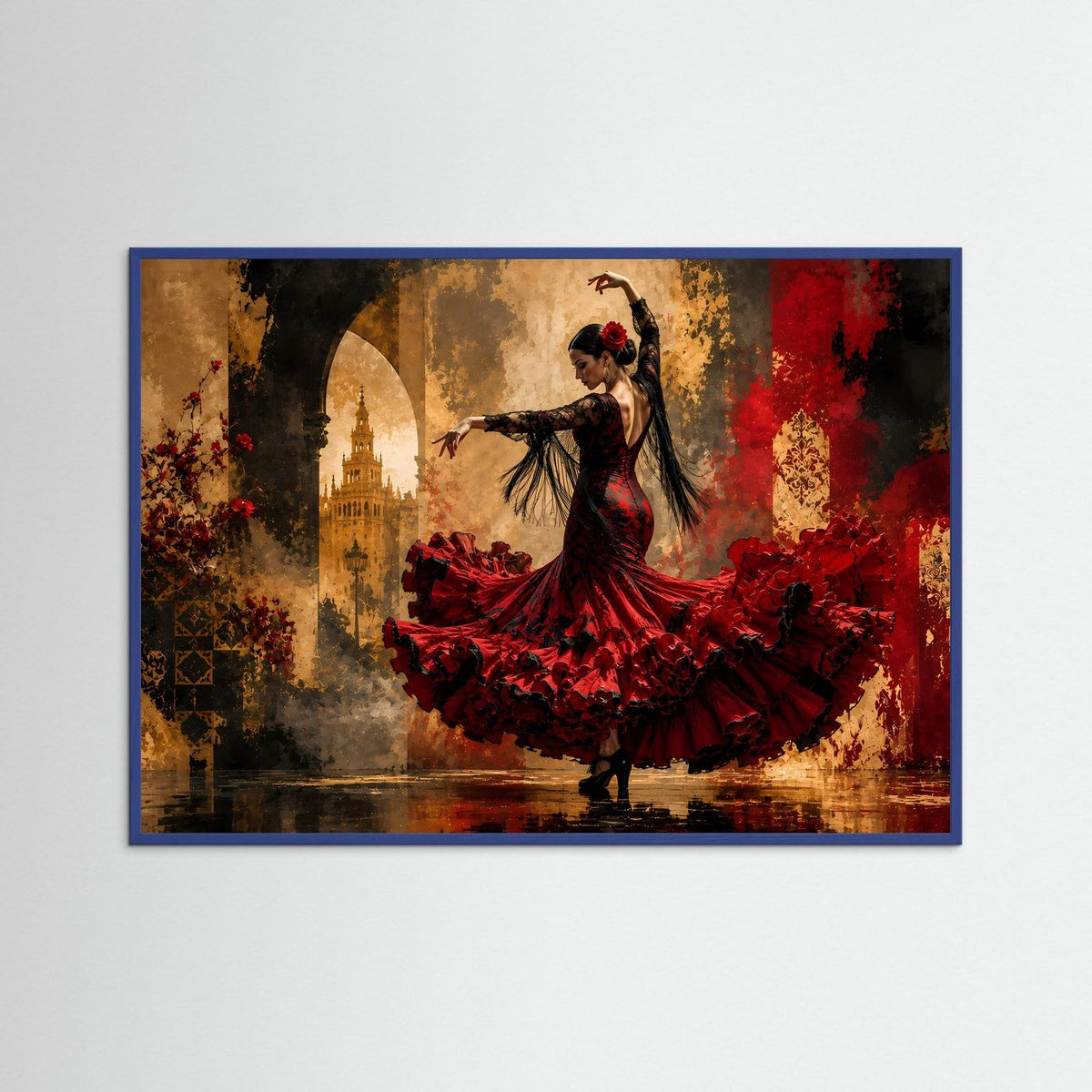 Querformat-Poster mit Flamenco-Tänzerin im roten Rock und schwarzem Outfit, blauer Rahmen.