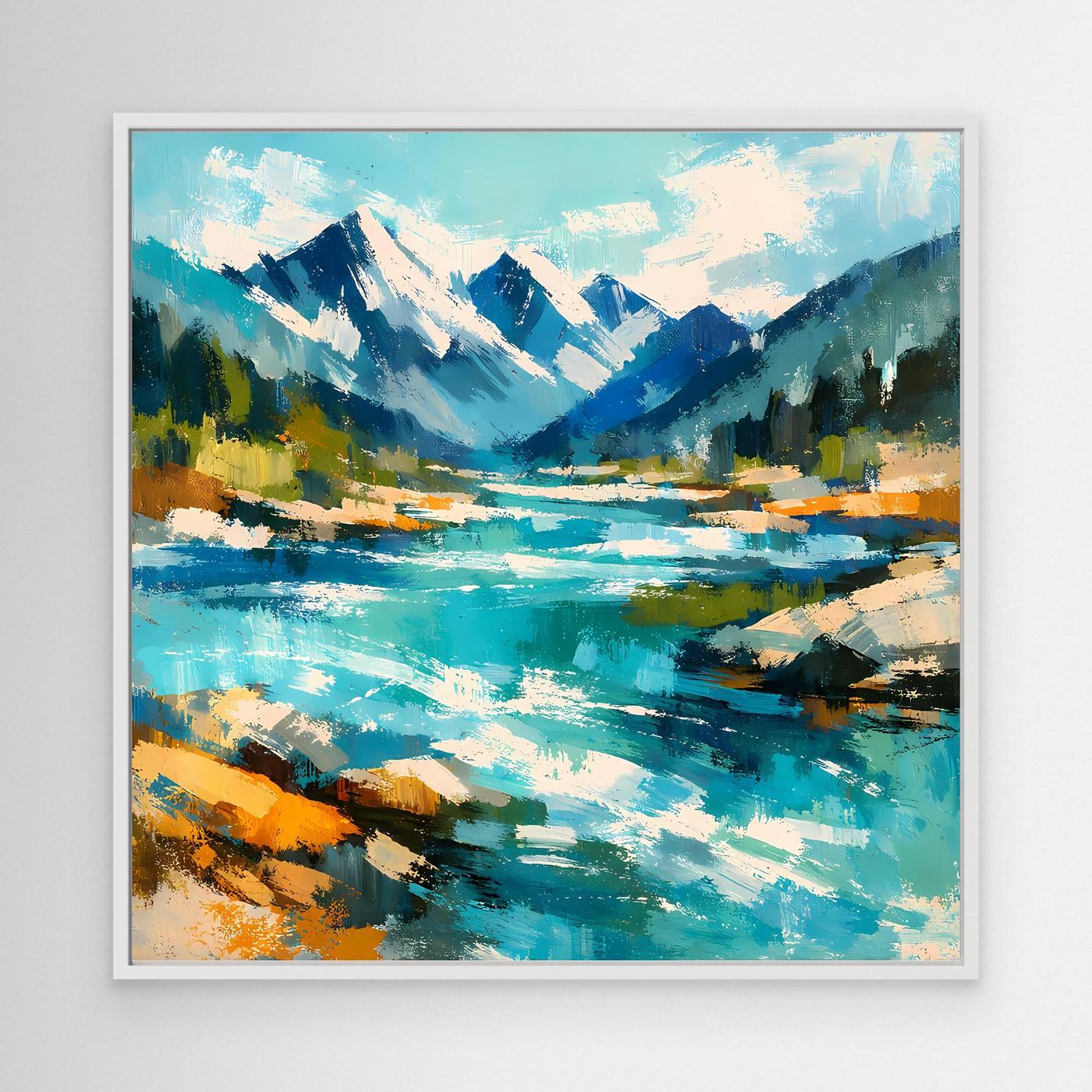 Abstraktes Leinwand-Wandbild mit Berglandschaft und Fluss, türkis und blau, weißer Rahmen
