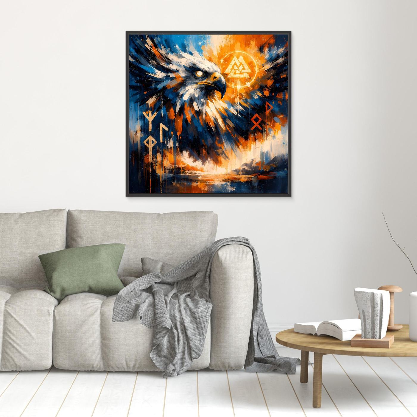 Gerahmtes Leinwandbild mit abstraktem Adler, leuchtendem Orange-Lichtkreis und Runensymbolen.