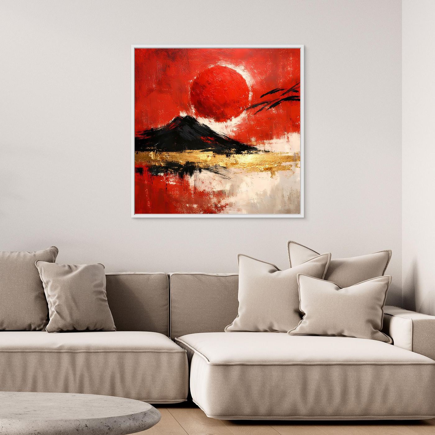 Leinwand Abstraktes Japan Wandbild in Rot und Gold | Modernes Fuji & Rote Sonne Gemälde
