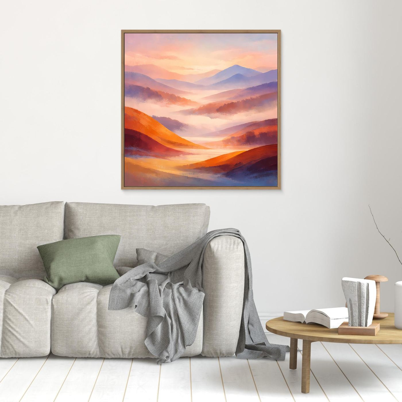 Leinwandbild mit hellem Holzrahmen, abstrakte Pastell-Berglandschaft in Orange und Lila
