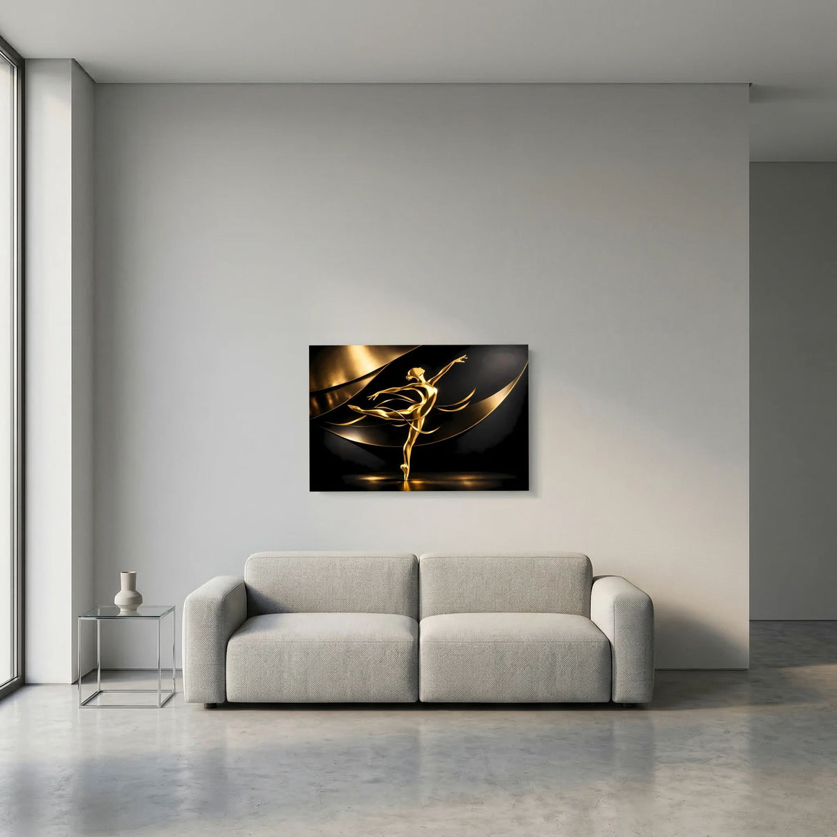 Rechteckiges Wandbild mit goldener Ballerina, schwarzer Hintergrund und dunkler Rahmen