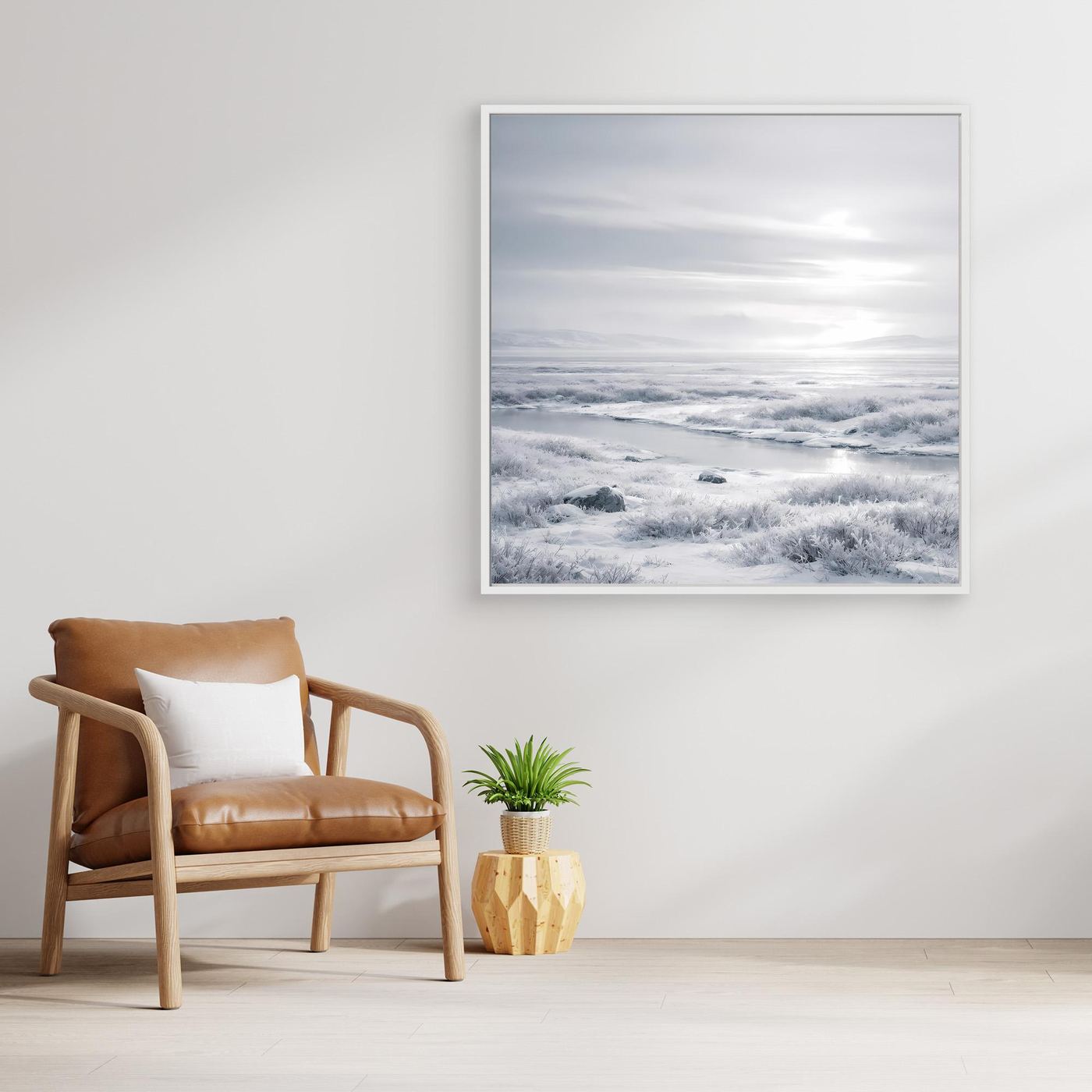 Gëframtes Leinwandbild mit winterlicher Landschaft, weißer Rahmen