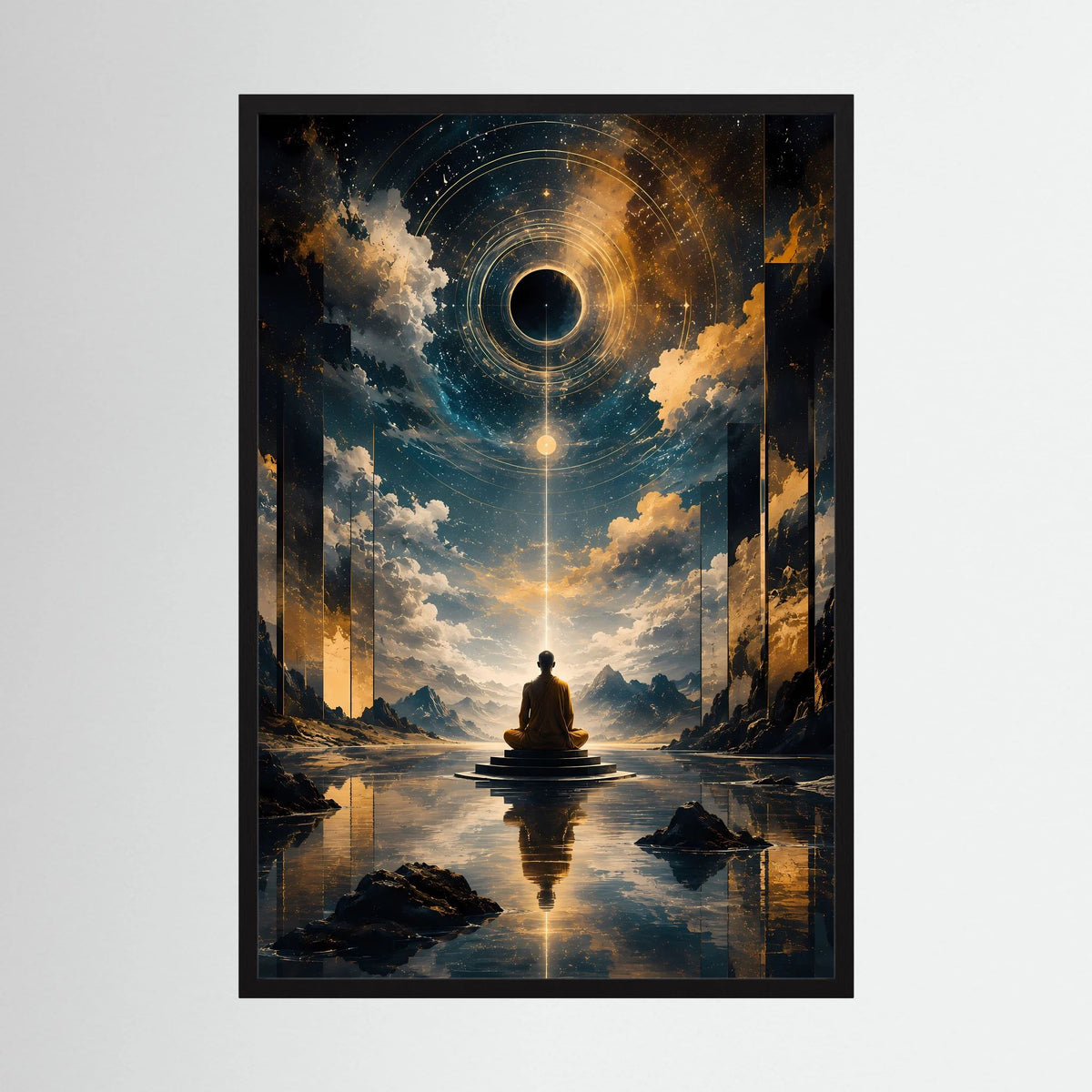 Hochformatiges Poster mit Mönch im Lotussitz vor kosmischem Portal, dunkler schwarzer Rahmen