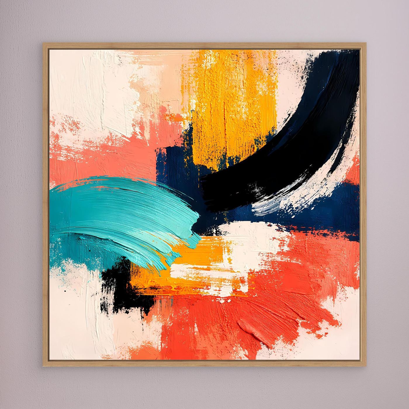 Abstract canvas wall art with coral, teal, yellow and navy brushstrokes, light wood frame