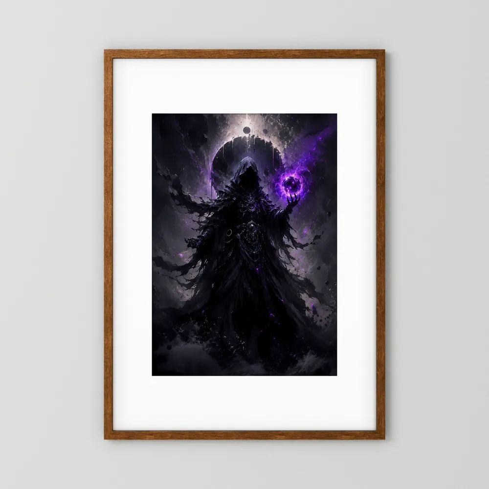 Fantasy-Poster im Holzrahmen: dunkler Magier mit violetter Energie