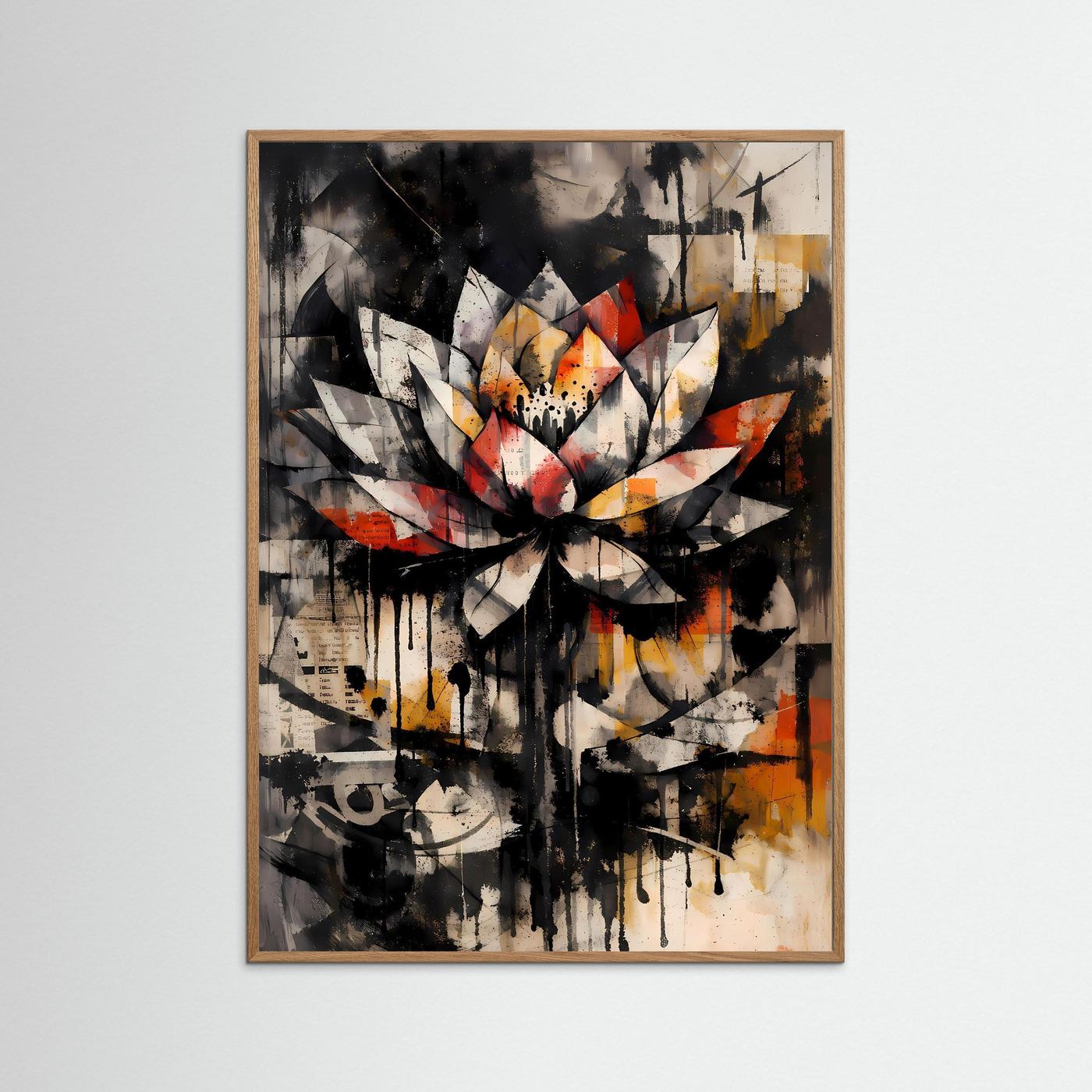Die Kraft der Reinheit | Abstraktes Lotus Poster in Schwarz, Weiß & warmen Akzenten | Expressives Urban Art Kunstposter Hochformat