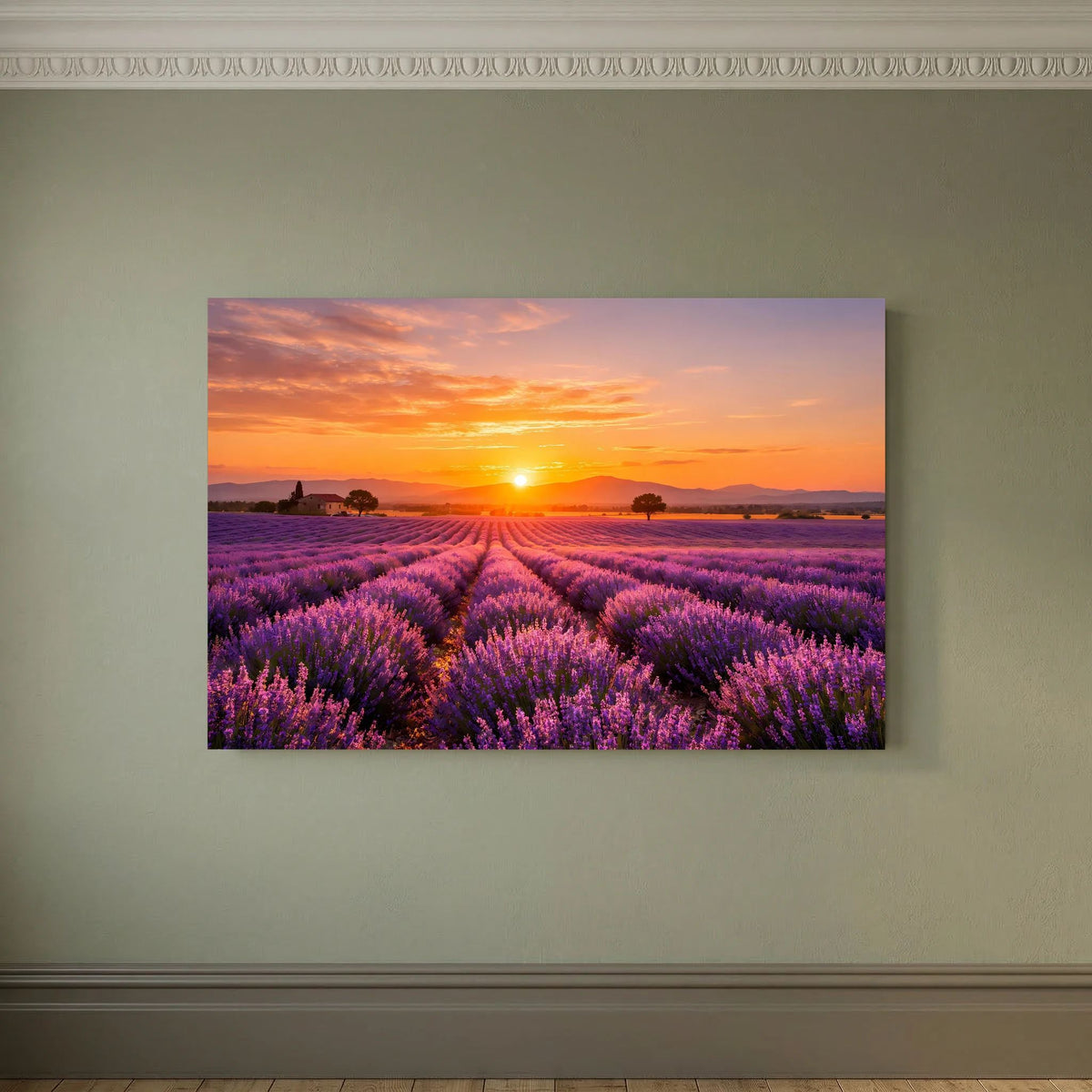 Lavendelfeld-Wandbild im Querformat mit Sonnenuntergang, ohne Rahmen