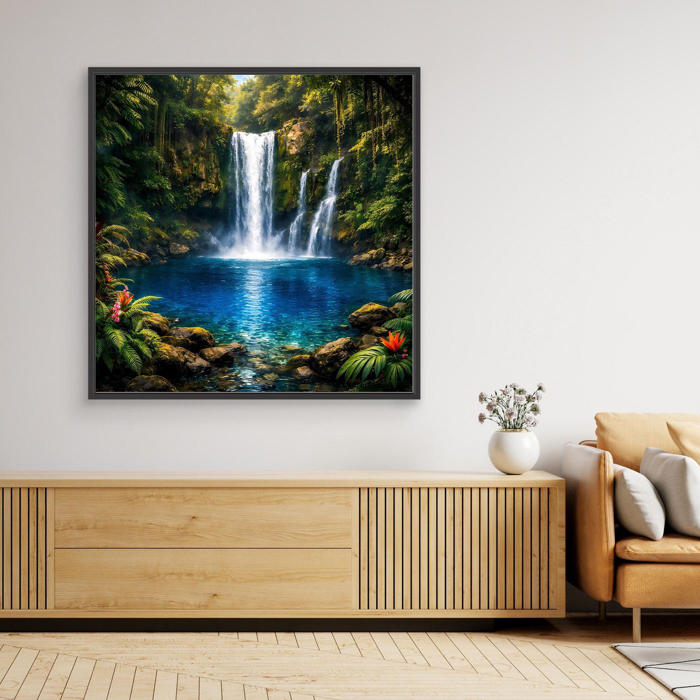 Leinwandbild Tropischer Wasserfall im Dschungel, schwarzer Rahmen