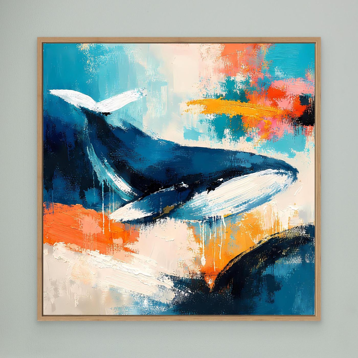 Leinwand-Wandbild mit abstraktem Wal in Blau, Türkis und Orange, mit hellem Holzrahmen
