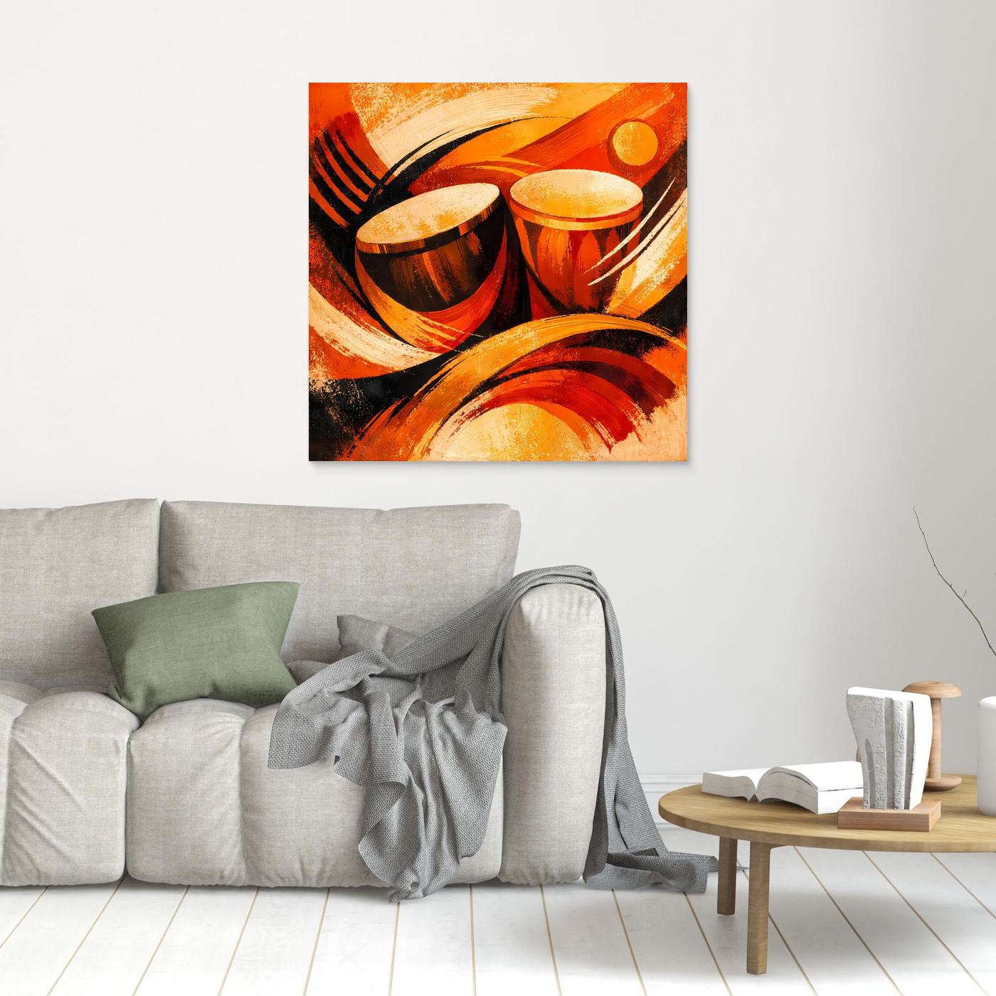 Kleines Leinwandbild mit abstrakten Trommeln in warmem Orange und Rot, brauner Rahmen