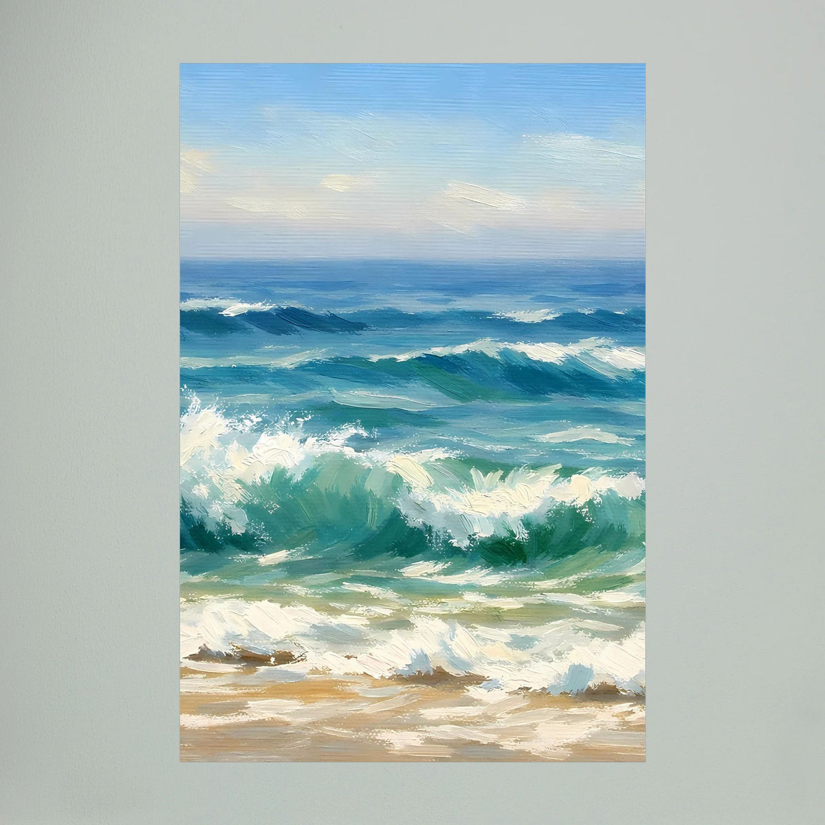 Wandbild im Hochformat mit gemalten Meereswellen, türkisgrünem Wasser und weißem Schaum