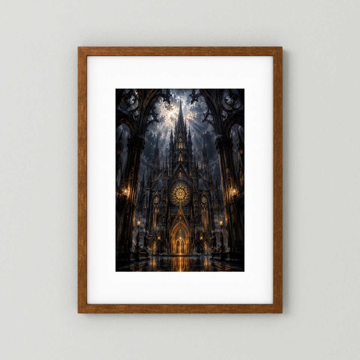 Hochformat-Poster gotische Kathedrale in Schwarz und Gold, brauner Holzrahmen