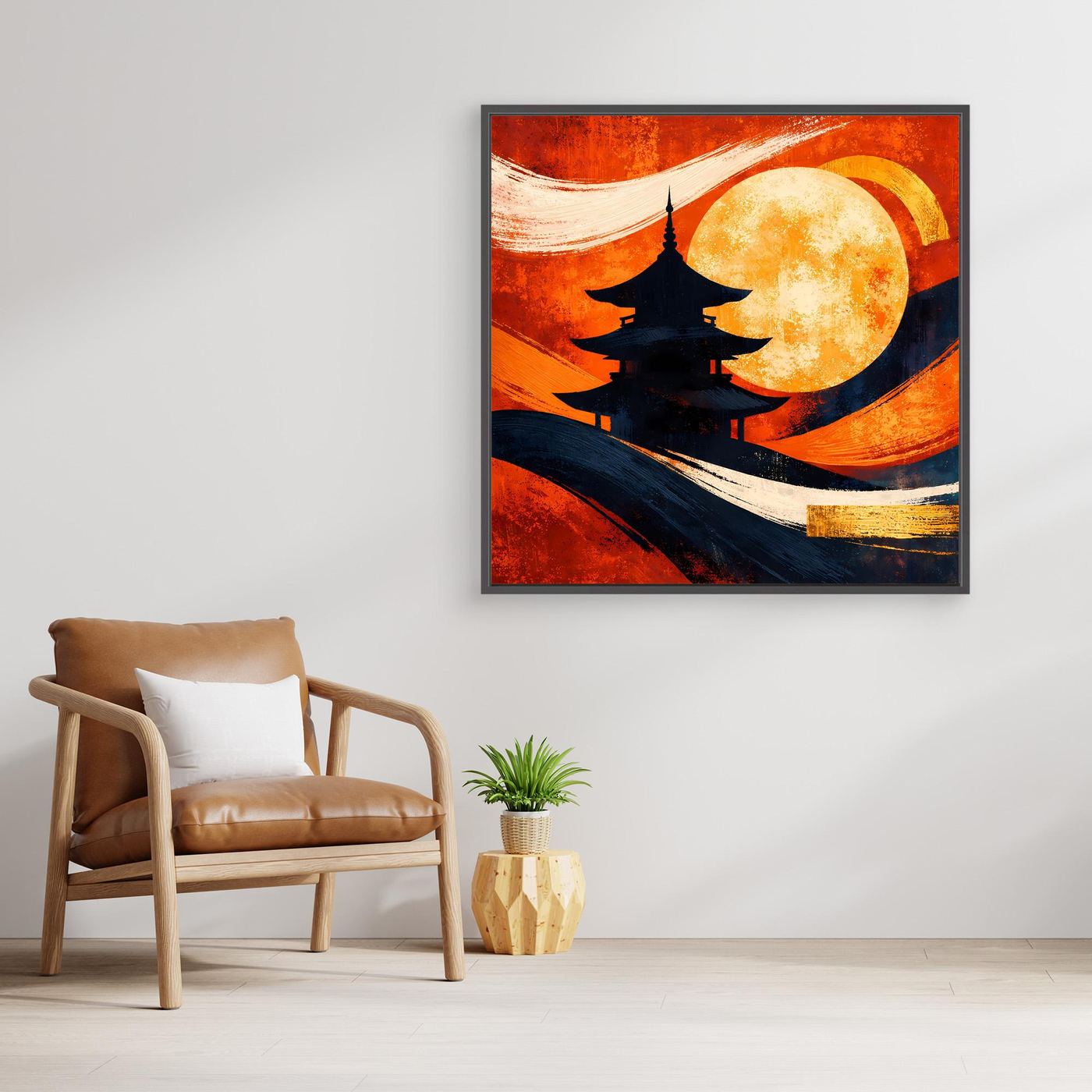 Gerahmtes Leinwandbild mit Vollmond, Pagoden-Silhouette und orange-rotem Farbspiel