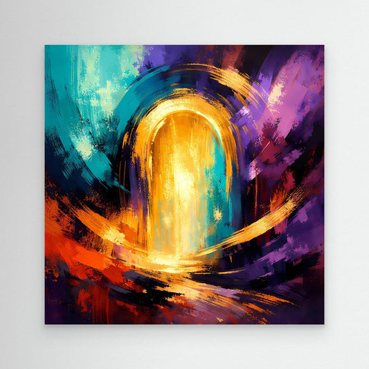 Abstraktes Leinwand-Wandbild mit goldenem Lichttor und farbigen Pinselstrichen in Blau, Lila, Orange