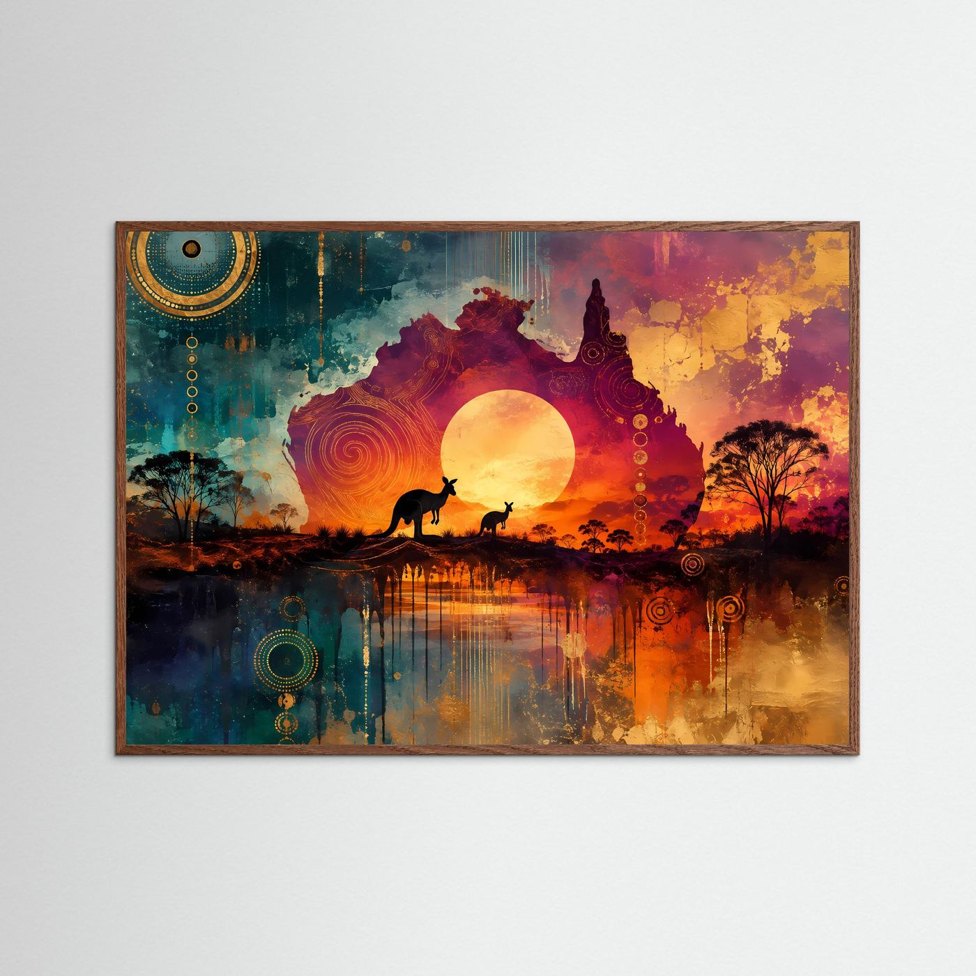 Australien Poster | Aborigines Kunst Wandbild | Känguru Silhouette bei Sonnenuntergang | Outback Landschaft | Moderne Fine Art
