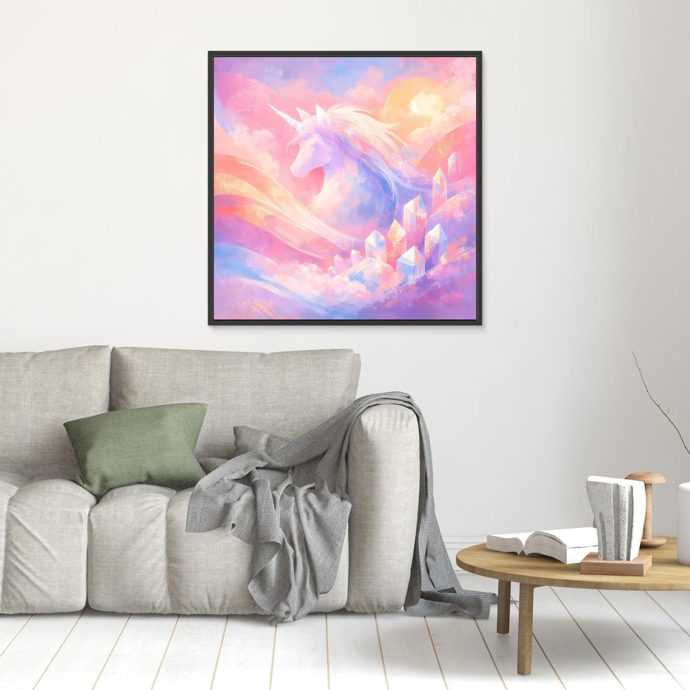 Leinwandbild mit Einhorn-Motiv in Pastellfarben, mit schwarzem Rahmen