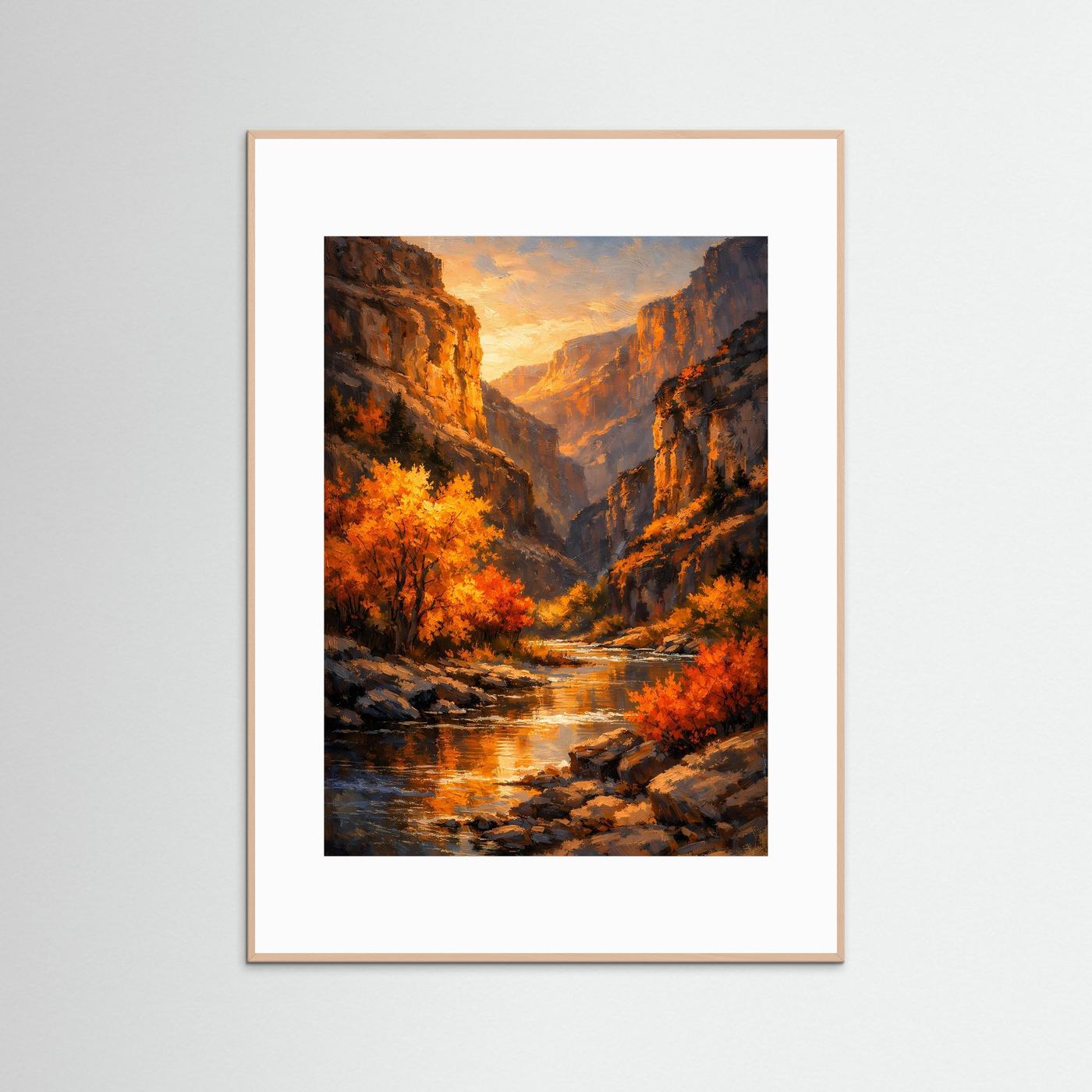 Wandbild Canyon mit Herbstbäumen im Sonnenuntergang, Rahmen aus hellem Holz