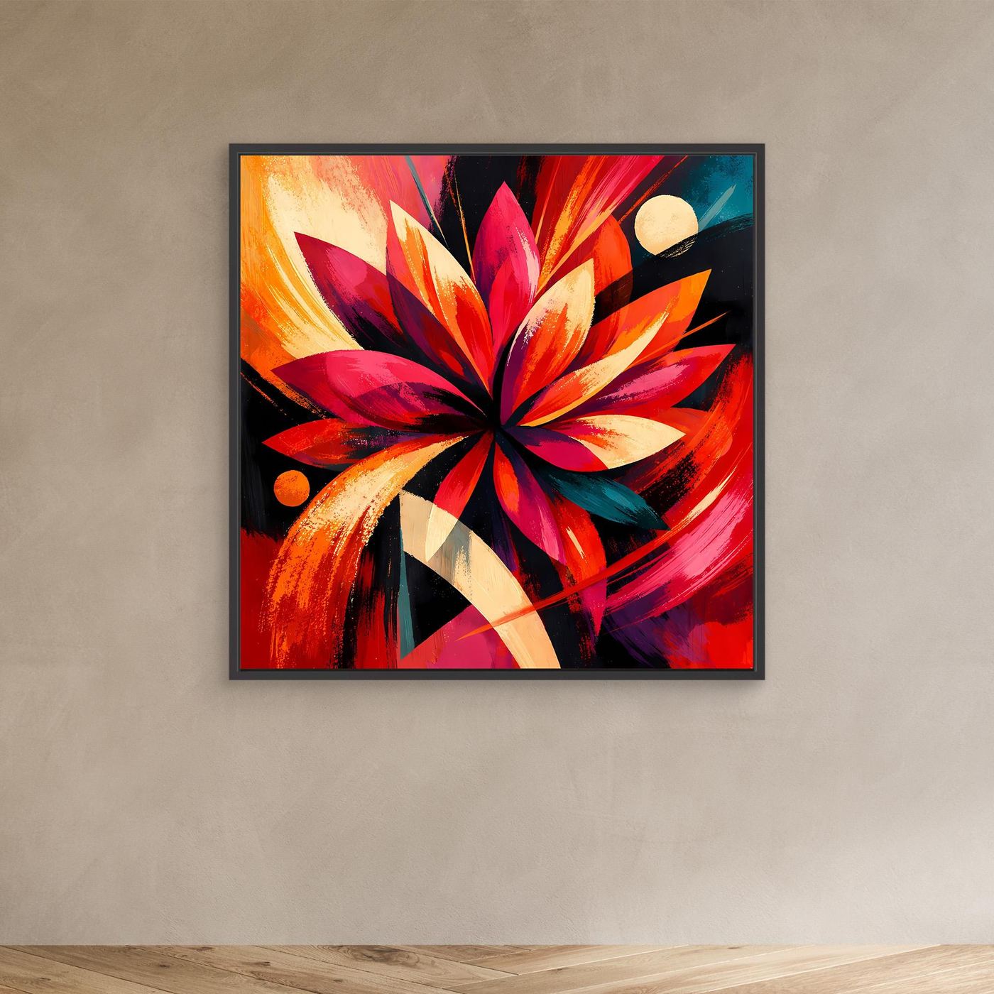 Leinwandbild mit abstrakter Blüte in Rot, Orange und Pink im schwarzen Rahmen