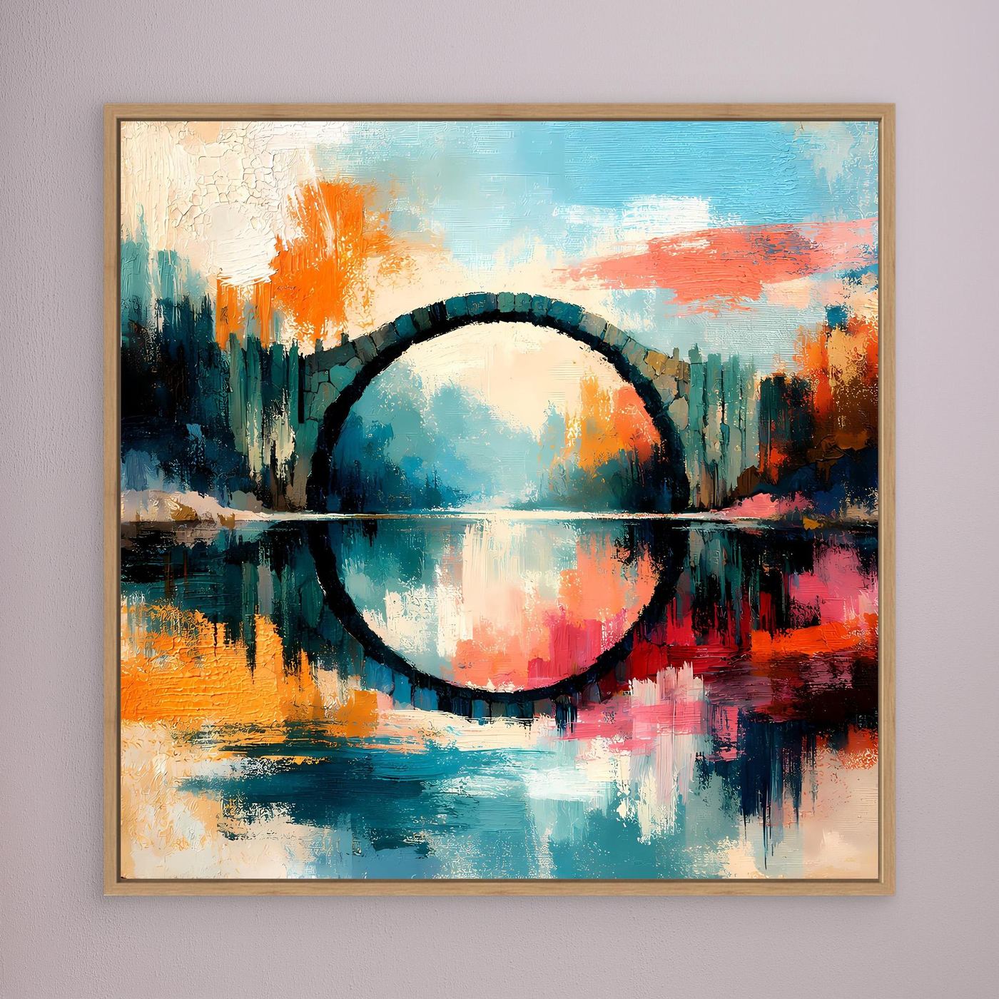 Premium Leinwand Mystische Kreisbrücke im Wasser | Abstraktes Natur Wandbild farbenfroh
