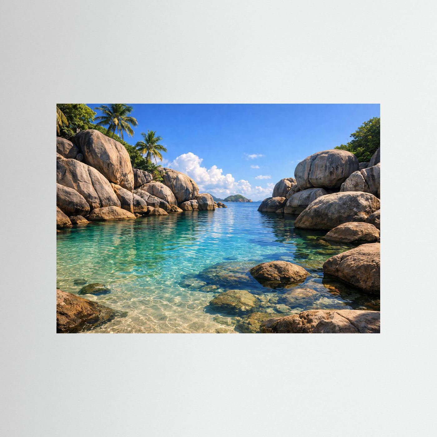 Poster mit tropischer Felsenbucht: türkisfarbenes Wasser, Felsen und Palmen