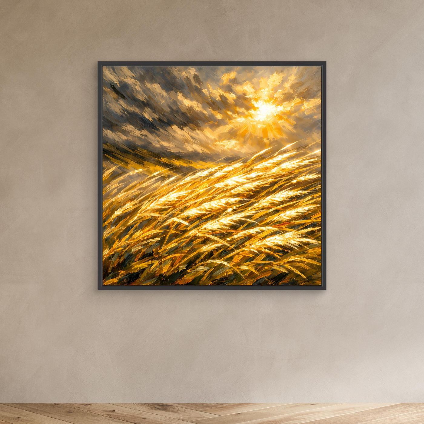 Leinwandbild mit goldenem Weizenfeld und Sonnenstrahlen, schwarzer Rahmen