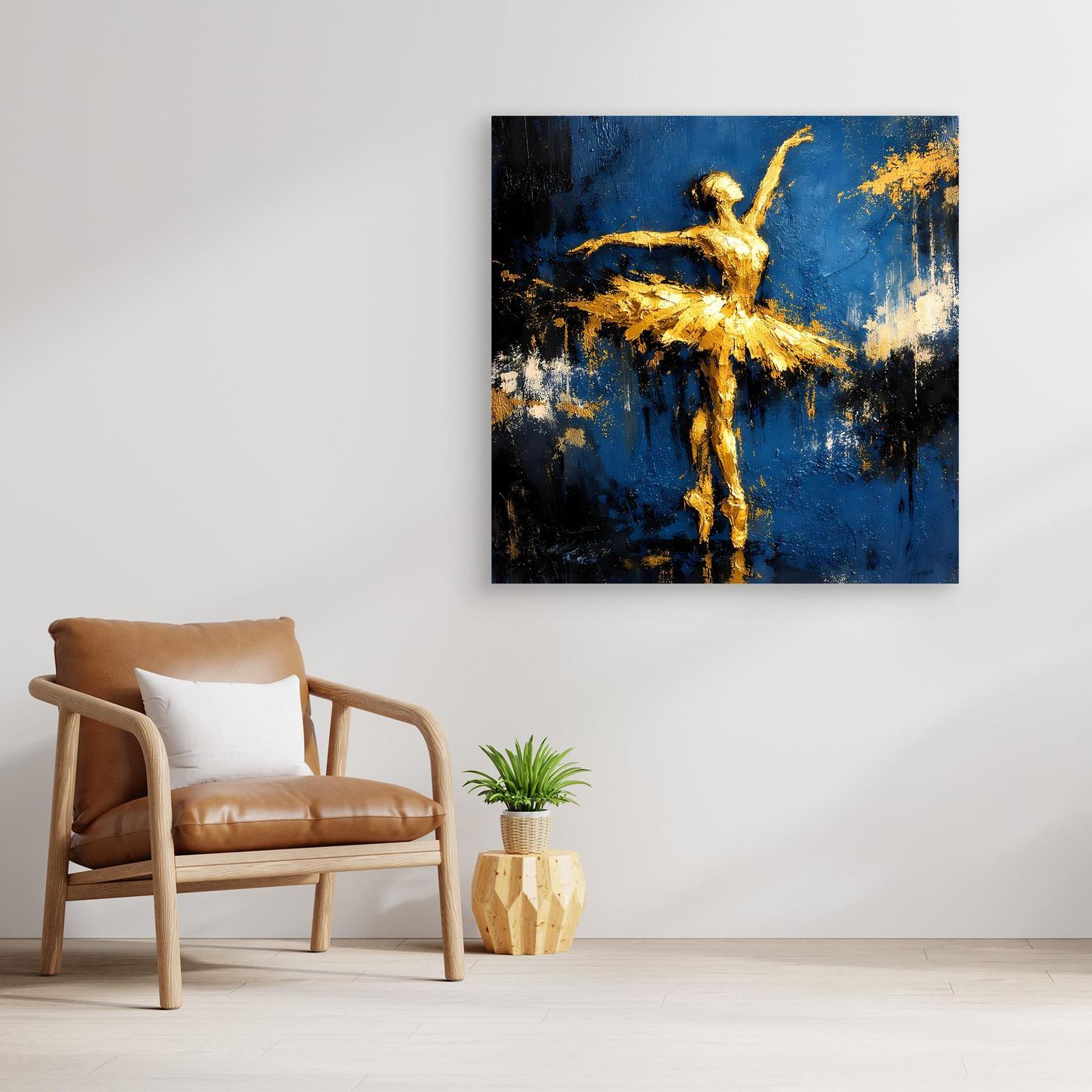 Leinwand Elegante Ballerina in Gold und Blau | Abstraktes Ballett Wandbild