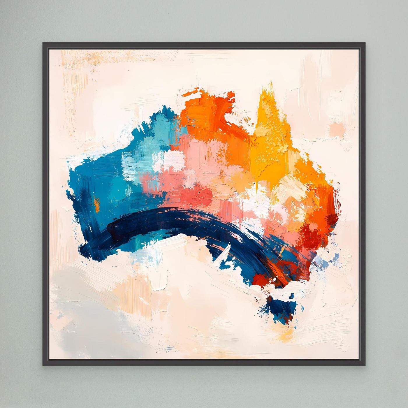 Abstract Australia map wall art in black frame, blue orange and yellow paint strokes