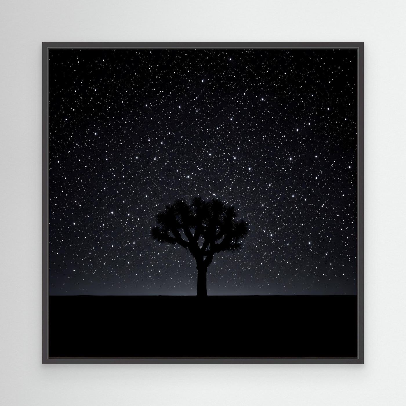 Leinwandbild Sternenhimmel mit Baum-Silhouette und Wüstenlinie, schwarzer Rahmen