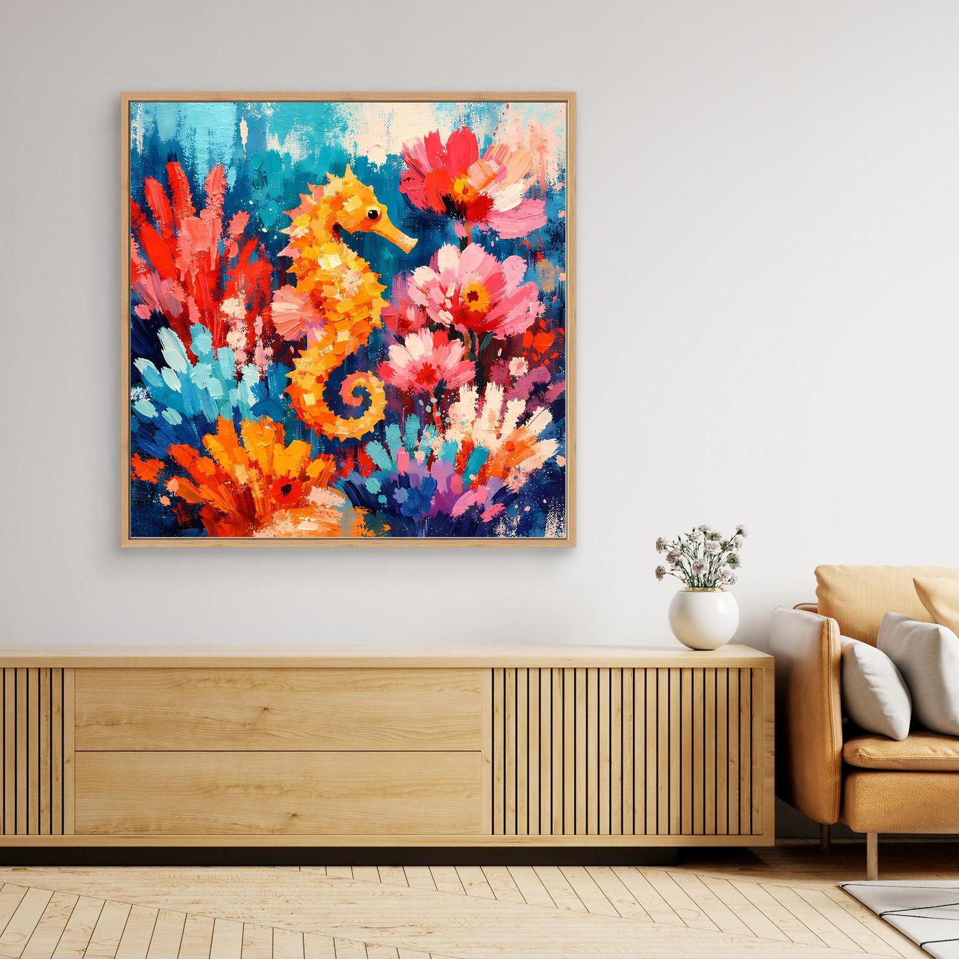 Leinwand Farbenfrohes Seepferdchen im Korallenriff | Abstraktes Unterwasser Wandbild