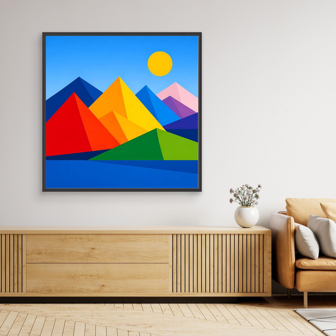 Leinwandbild mit geometrischer Berglandschaft, gelber Sonne und bunten Bergen, schwarzer Rahmen