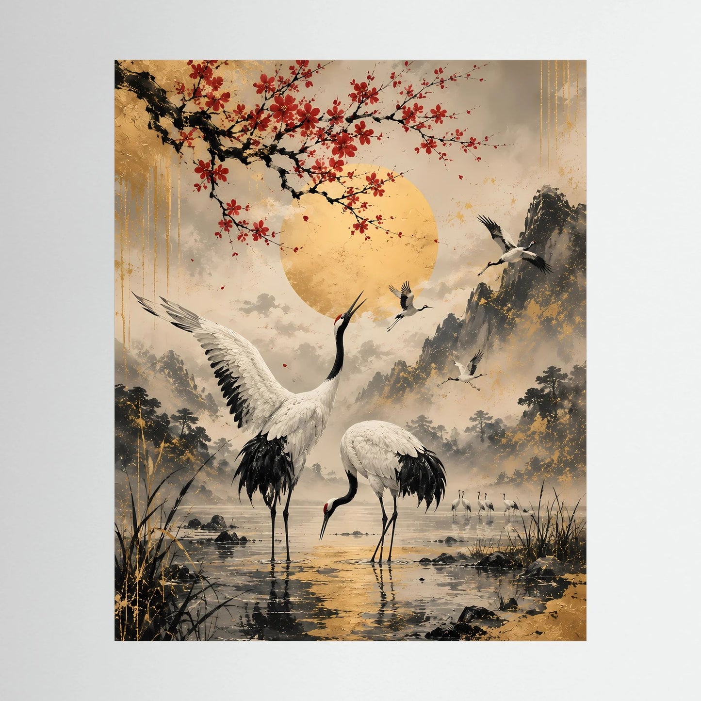 Poster im Hochformat: Kraniche unter goldener Sonne mit roten Blüten