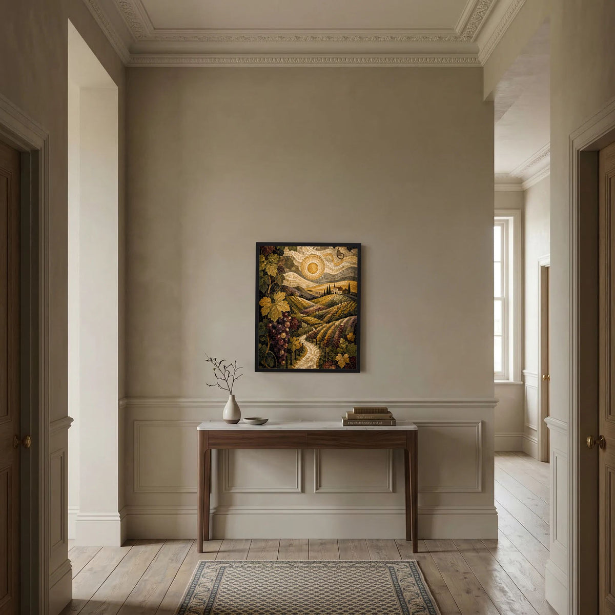 Hochformat-Poster mit Weinbergen und Weintrauben im Mosaikstil, gerahmt