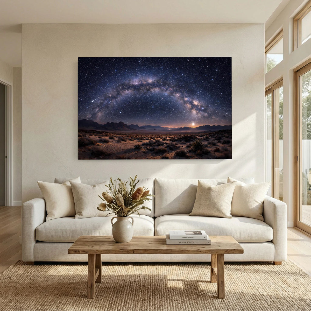 Wandbild zeigt die Milchstraße über Sanddünen und Bergsilhouetten bei Nacht