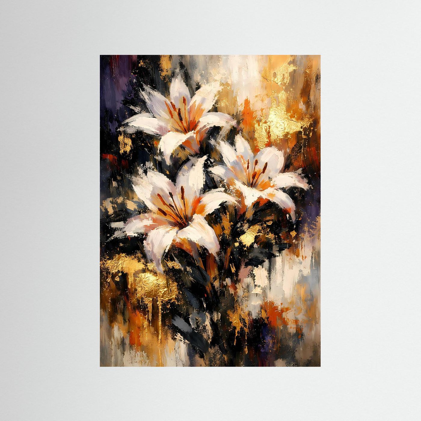 Hochformatiges Kunstposter mit abstrakten weißen Lilien und goldenen Akzenten