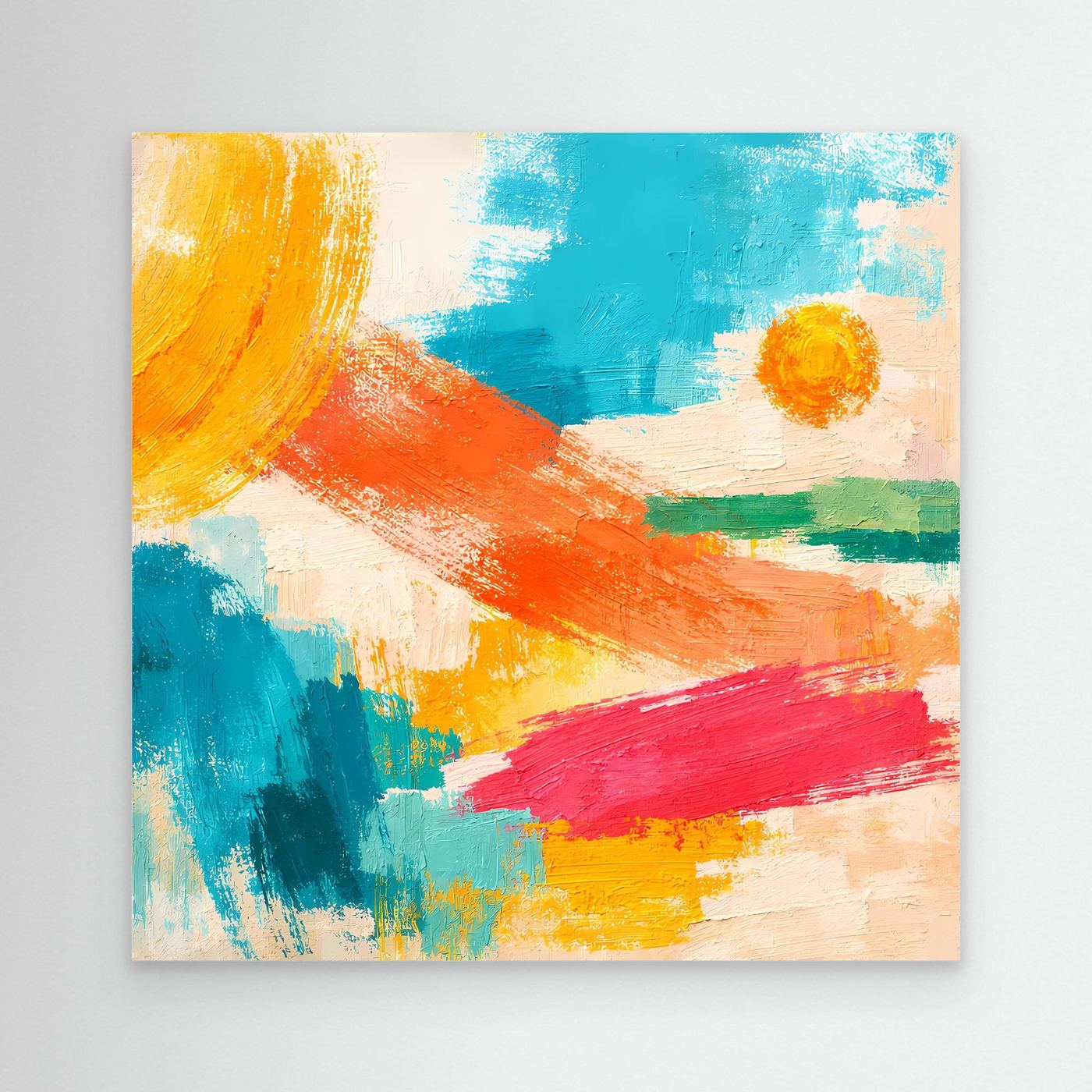 Abstract canvas wall art with orange, teal, blue, yellow, and red brushstrokes; no frame.