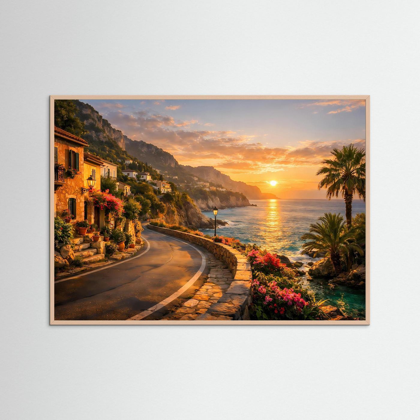 Poster mit Küstenstraße am Sonnenuntergang und Meer, grauer Rahmen
