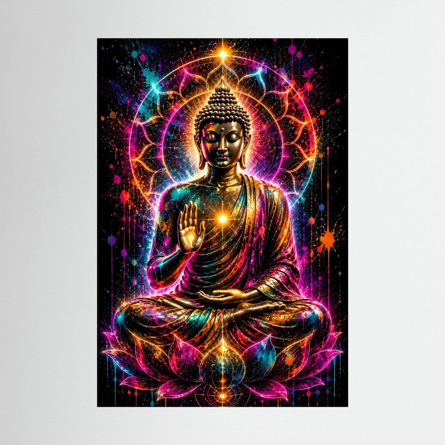 Neon-Buddha-Poster im Hochformat: goldener Buddha im Lotussitz, bunt leuchtende Aura
