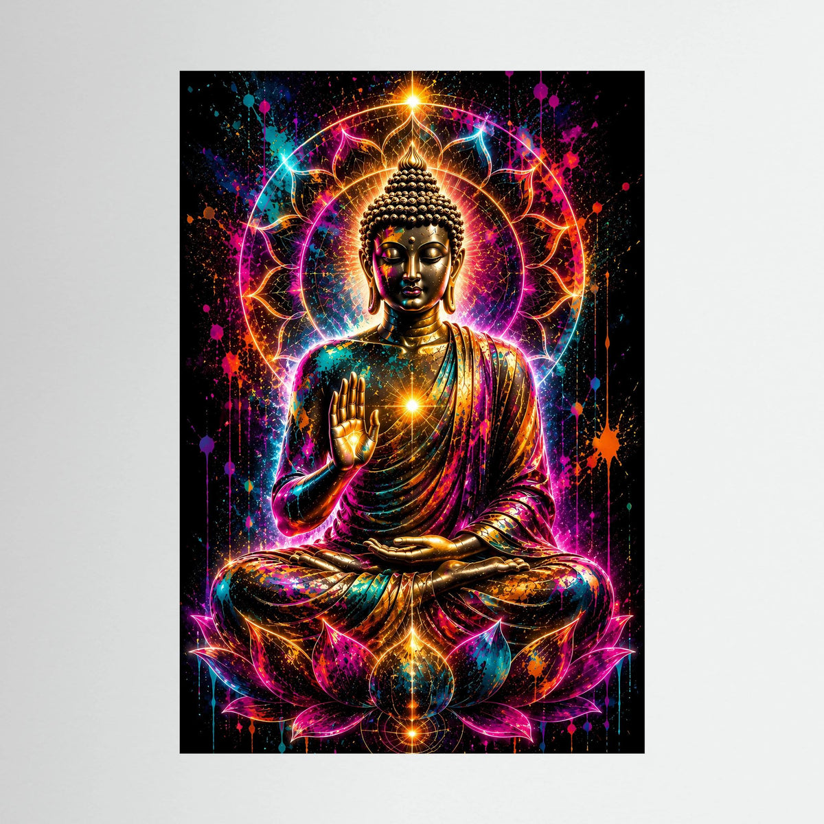 Neon-Buddha-Poster im Hochformat: goldener Buddha im Lotussitz, bunt leuchtende Aura