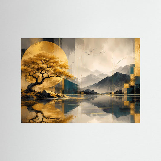 Landschaftsposter: goldener Baum im Kreislicht, spiegelnder See, ohne erkennbaren Rahmen