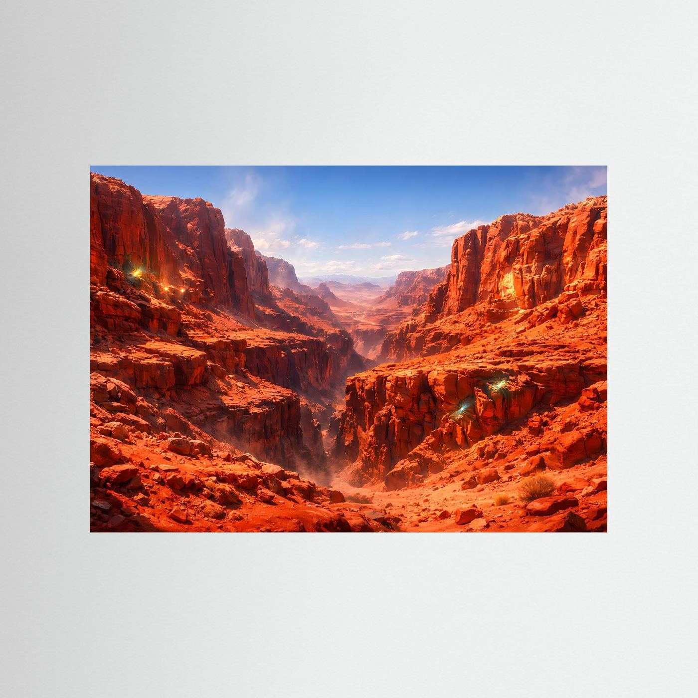 Naturposter im Querformat: roter Canyon mit Schlucht, wüstenartige Felswände und leuchtendes Licht