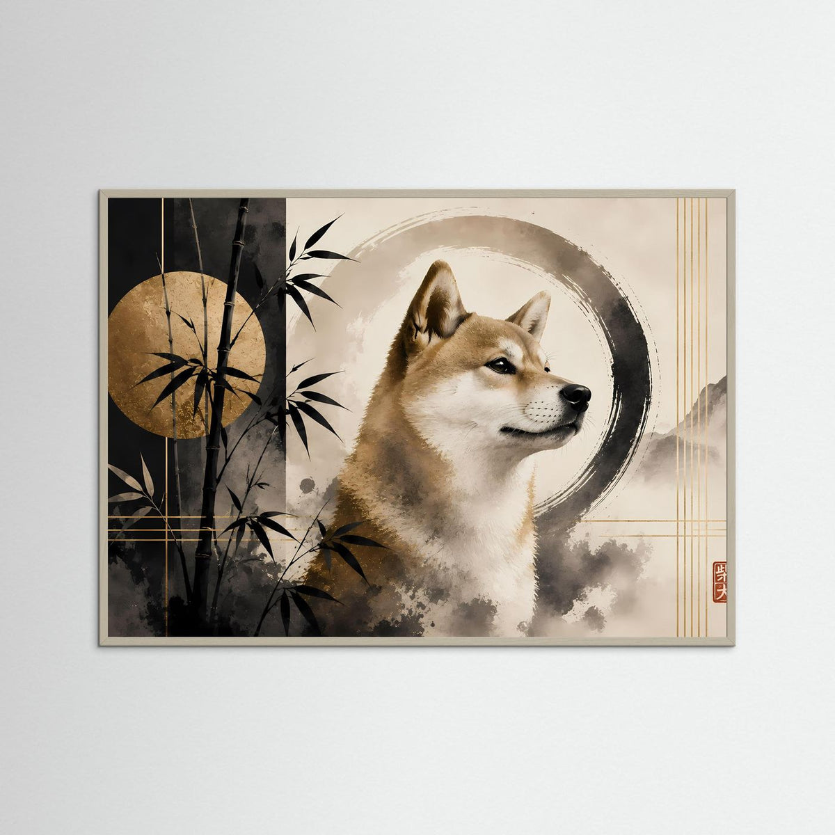 Gerahmtes Querformat-Poster mit Shiba Inu Zen-Motiv, Bambus und Kreisornamenten, natur
