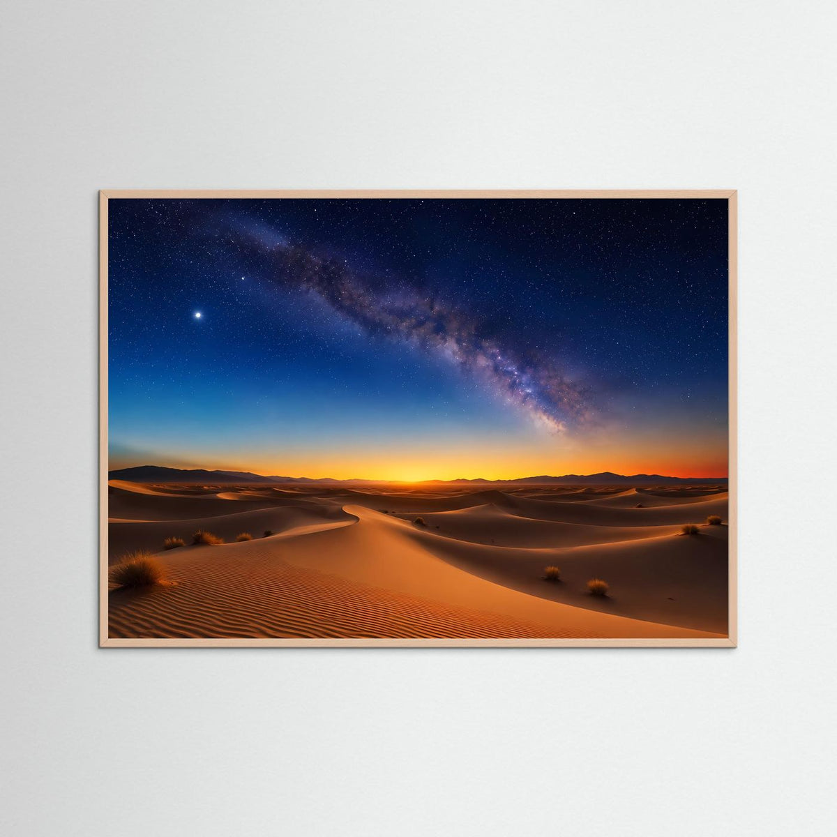 Poster im Querformat mit rosafarbenem Holzrahmen, Sternenband über Sanddünen