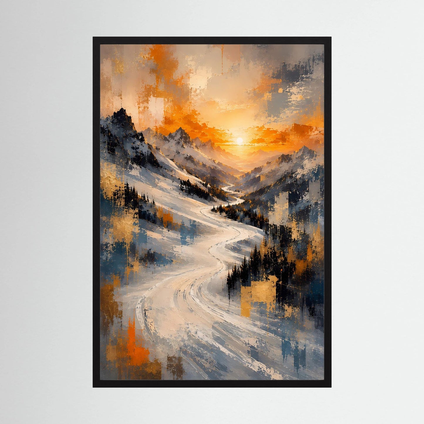 Hochformat-Poster mit verschneiter Berglandschaft und orangefarbenem Sonnenuntergang, schwarzer Rahmen